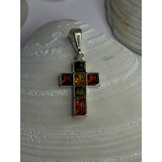 925 Sterling Silver Amber Cross Pendant Length 1.50 inch