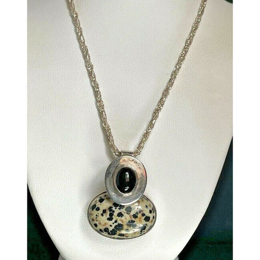 925 STERLING SILVER LEOPARD JASPER & ONYX  PENDANT NECKLACE SKY