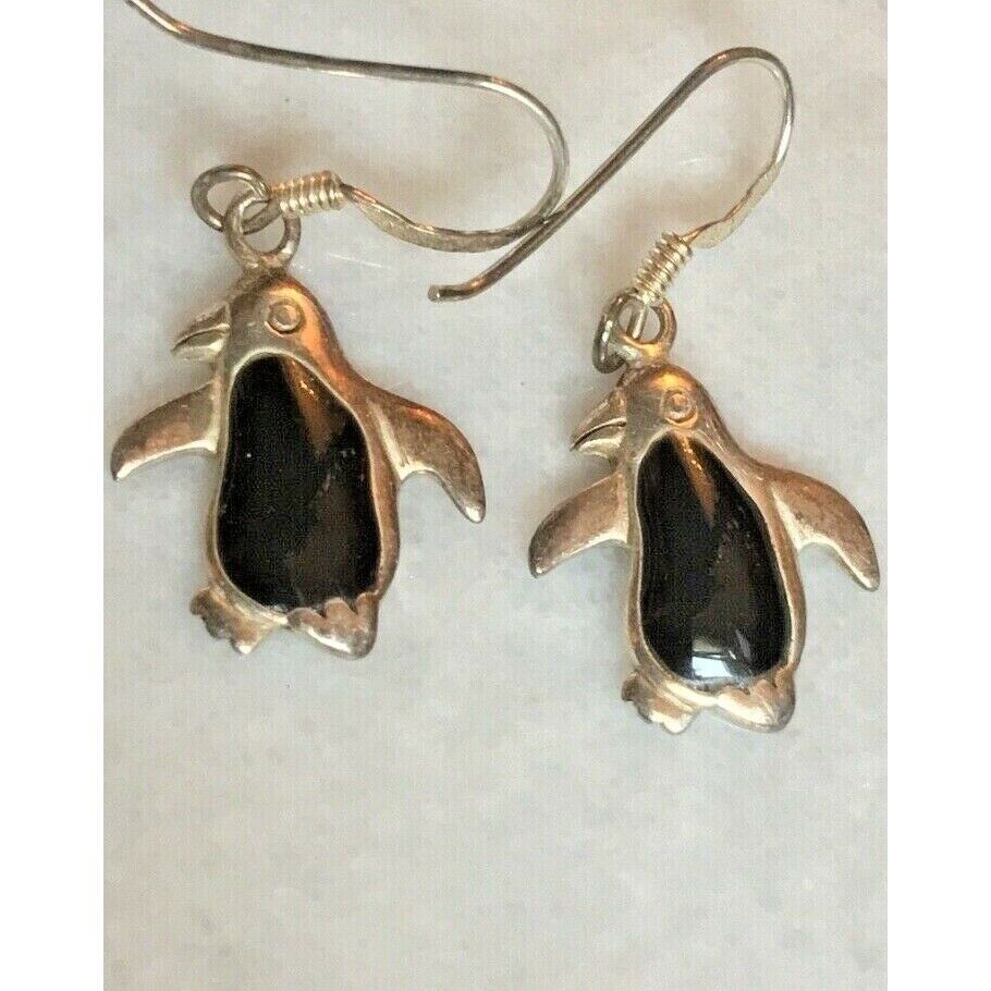 CUTE 925 STERLING SILVER BLACK ONYX PENGUIN DANGLE EARRINGS SKY