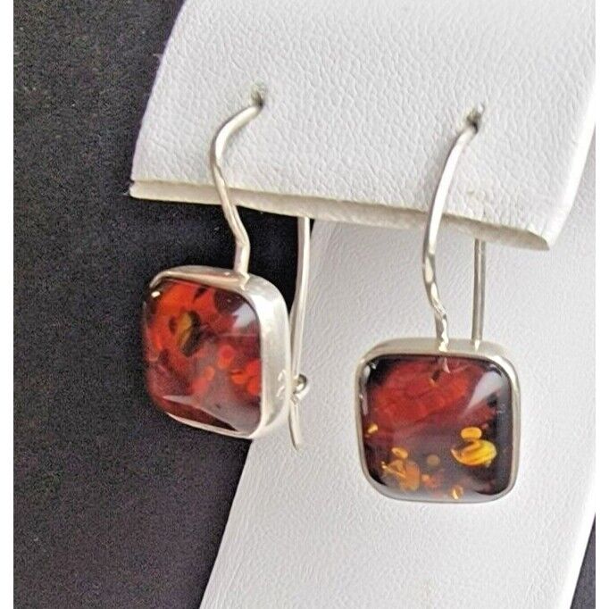 LORI BONN VINTAGE 925 STERLING SILVER NATURAL BALITC 12x12 mm. AMBER EARRINGS AT