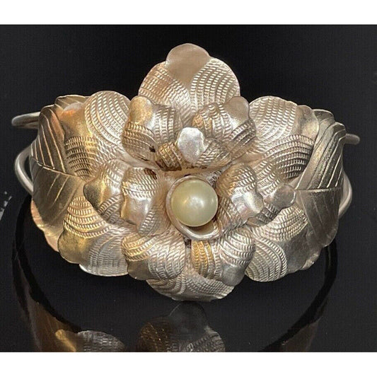 LARGE 925 STERLING SILVER PEARL FLOWER BRACELET SKY