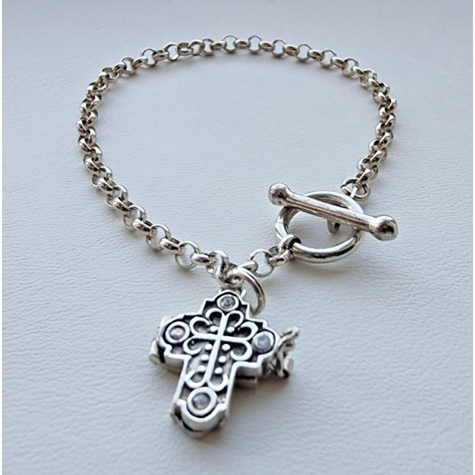 JBB 925 STERLING SILVER ITALY TOGGLE CLASP CHARM BRACELET CROSS  7,25 INCH AT