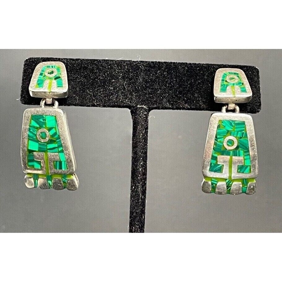 ESCORCIA OF TAXCO 950 STERLING SILVER  MALACHITE INLAYED EARRINGS SKY