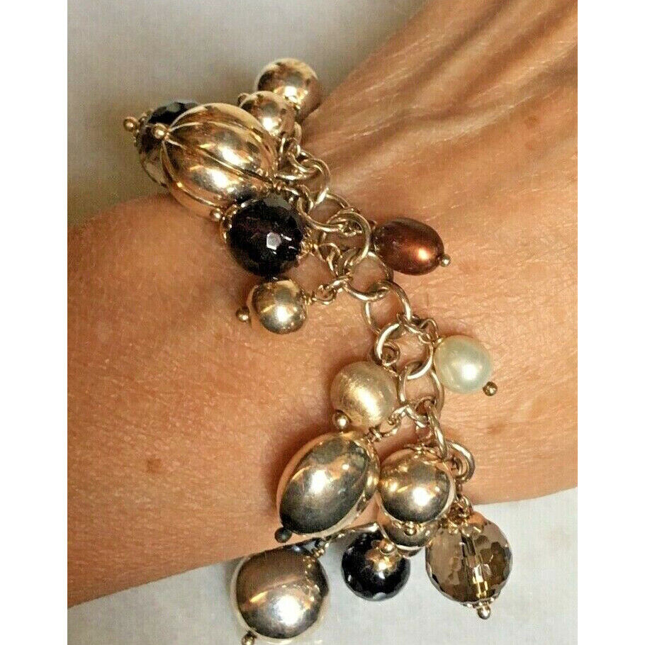 ITALIAN STERLING SILVER PEARLS AND SMOKY QUARTZ CHARM BRACELET SKY