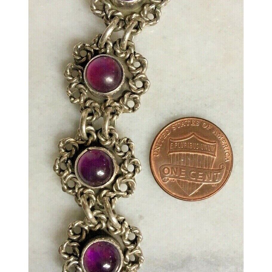 VINTAGE ORNATE 925 STERLING SILVER 15 CT AMETHYST BRACELET SKY