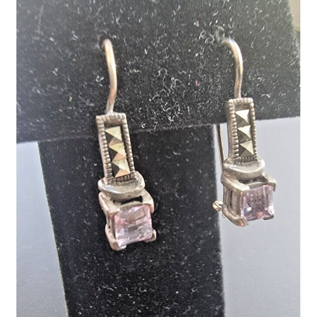 925 STERLING SILVER AMETHYST AND MARCASITES EARRINGS AT