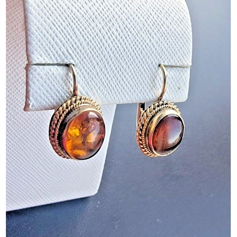 VINTGE 925 STERLING SILVER VERMEIL OVAL 10x9 MM. BALTIC AMBER EARRINGS AT