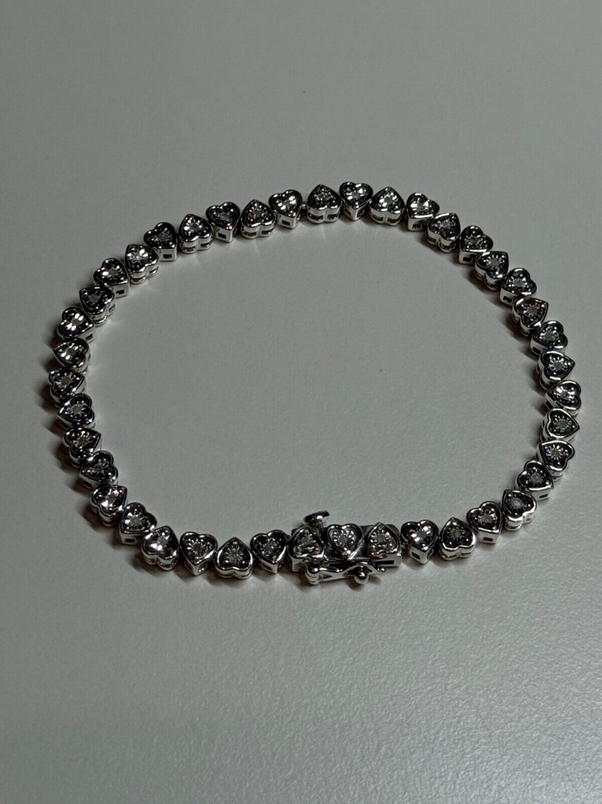 925 STERLING SILVER WHITE SAPPHIRE HEART BRACELET SIZE 7 Inch