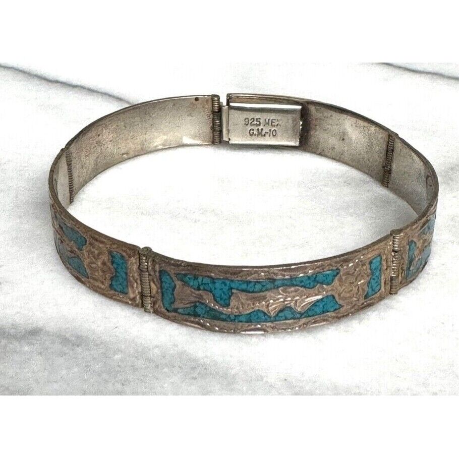 G.M. 10 MEXICO 925 STERLING SILVER TURQUOISE INLAID BRACELET SKY