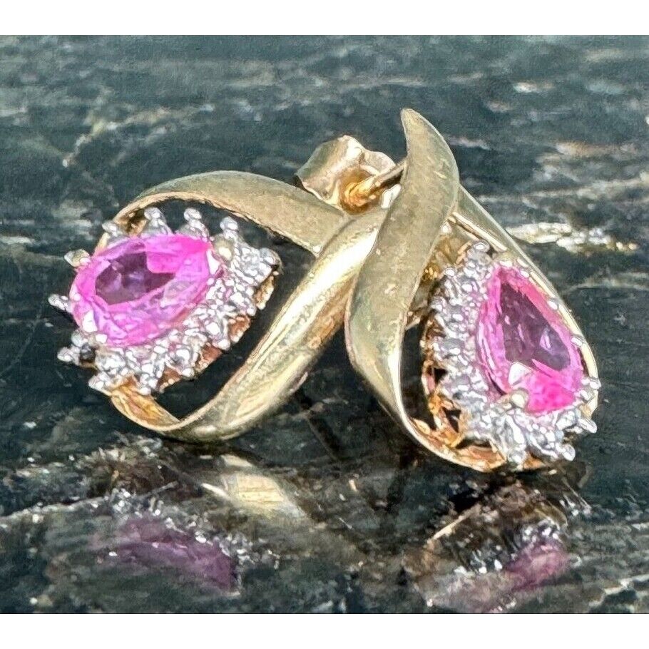 YELLOW GOLD LAB-CREATED PINK SAPPHIRE AND DIAMOND EARRINGS SKY