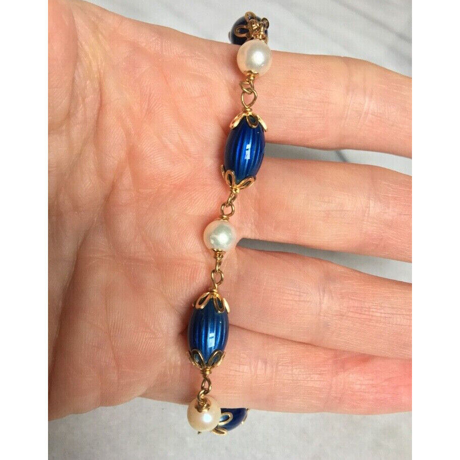 18K YELLOW GOLD GUILLOCHE ENAMEL & PEARLS BRACELET SKY