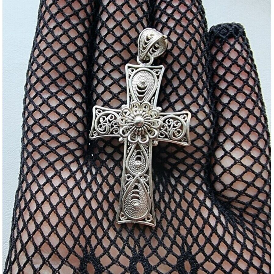 925 STERLING SILVER FILIGREE CROSS FLOWER CROSS  PENDANT AT