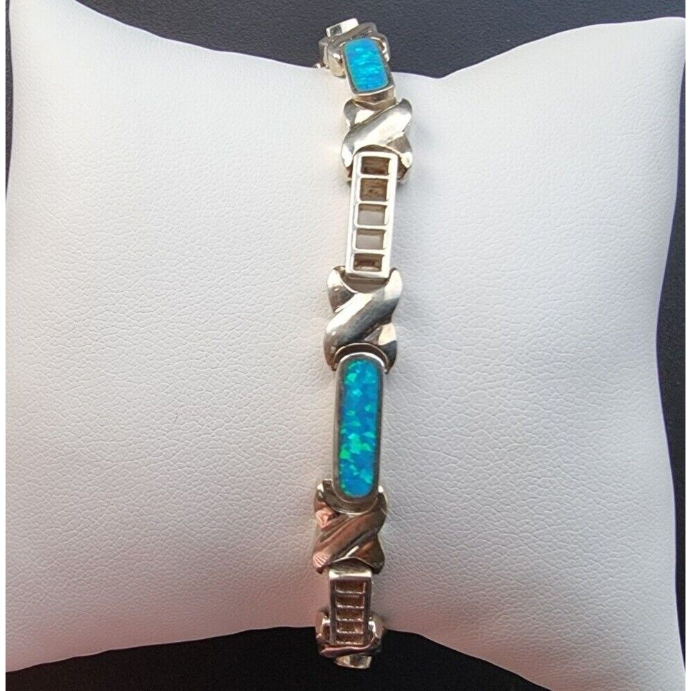 ELEGANT 925 STERLING SILVER INLAY BLUE OPAL BRACELET  7.5 INCH AT