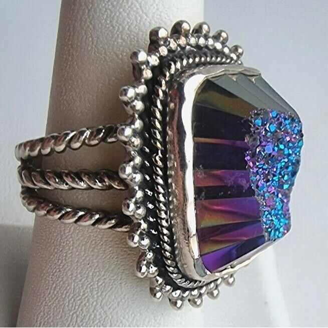 925 STERLING SILVER TITANIUM PLATED DRUZY QUARTZ SHINY RING SIZE 8 AT