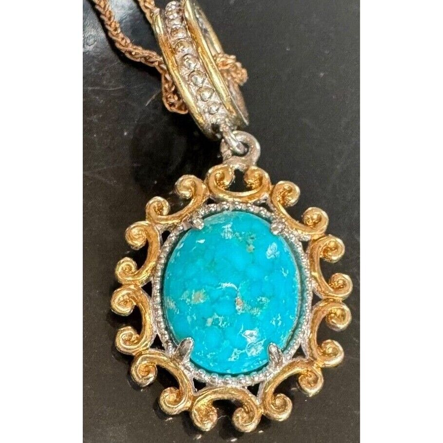 ORNATE 925 STERLING SILVER VERMEIL AND TURQUOISE CHARM PENDANT NECKLACE SKY