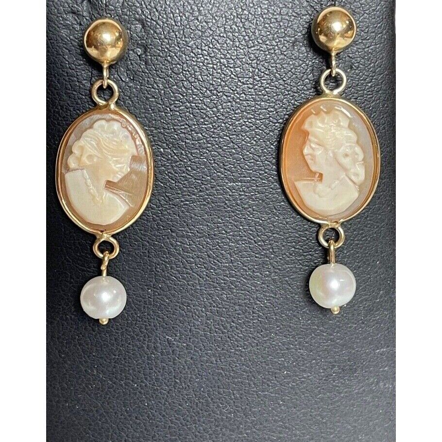 ELEGANT 14K YELLOW GOLD & PEARLS CAMEO EARRINGS SKY