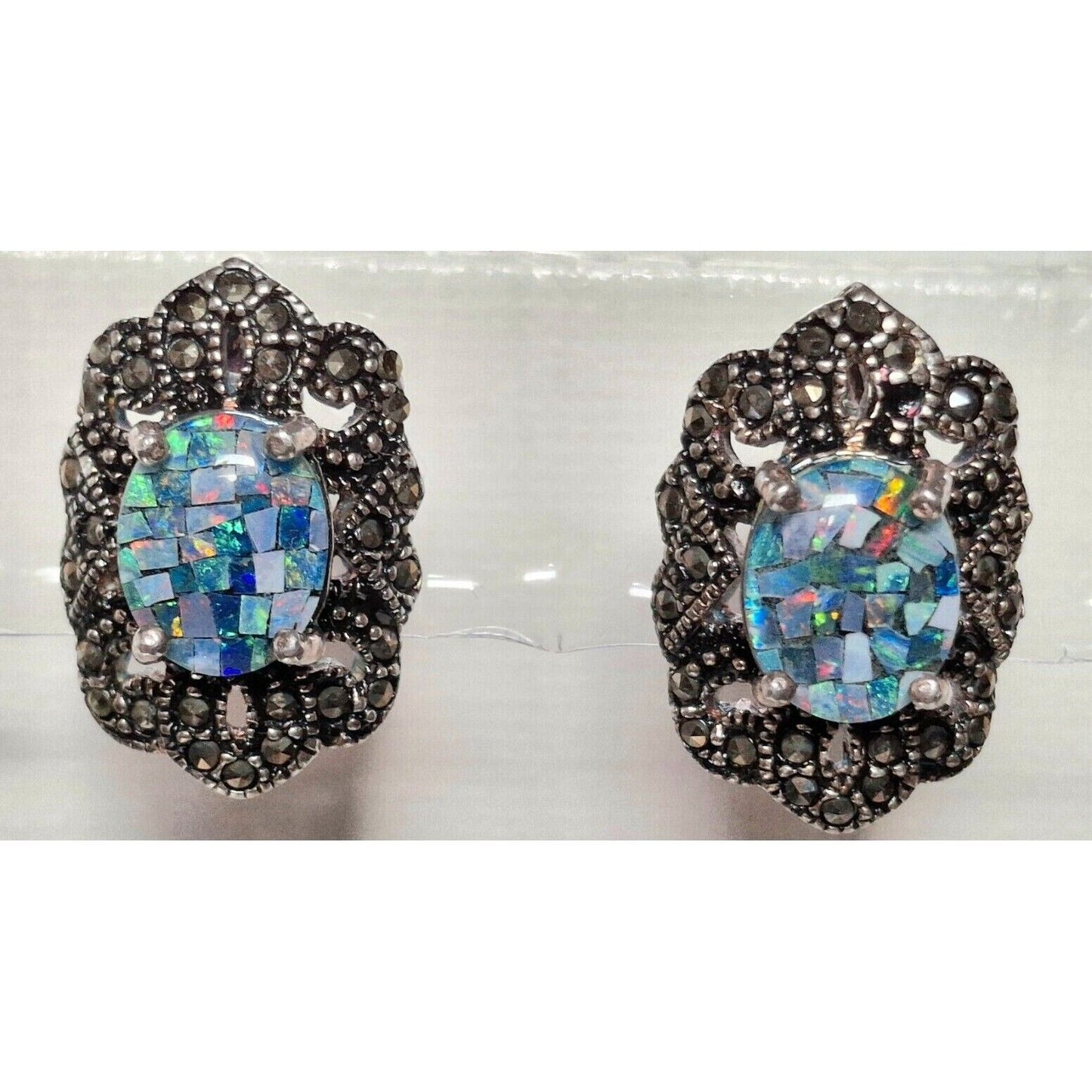 925 STERLING SILVER  MOTHER OPAL MOZAIC AND MARCASITES EARRINGS SKY