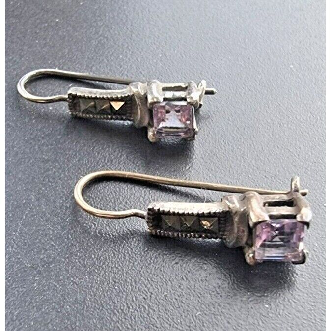 925 STERLING SILVER AMETHYST AND MARCASITES EARRINGS AT