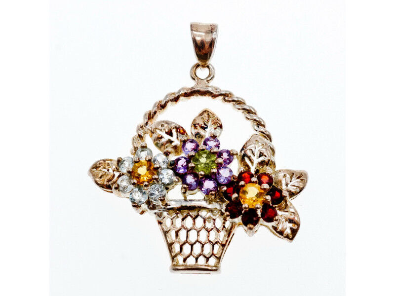 925 STERLING SILVER MULTI GEMSTONES FLOWERS PENDANT