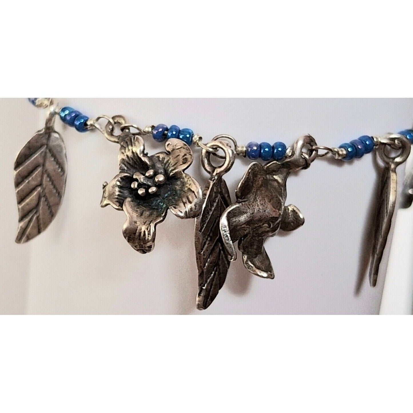 925 STERLING SILVER LEAVES,  FLOWERS  AND SNAKE BEADED CHARM BRACELET SKY