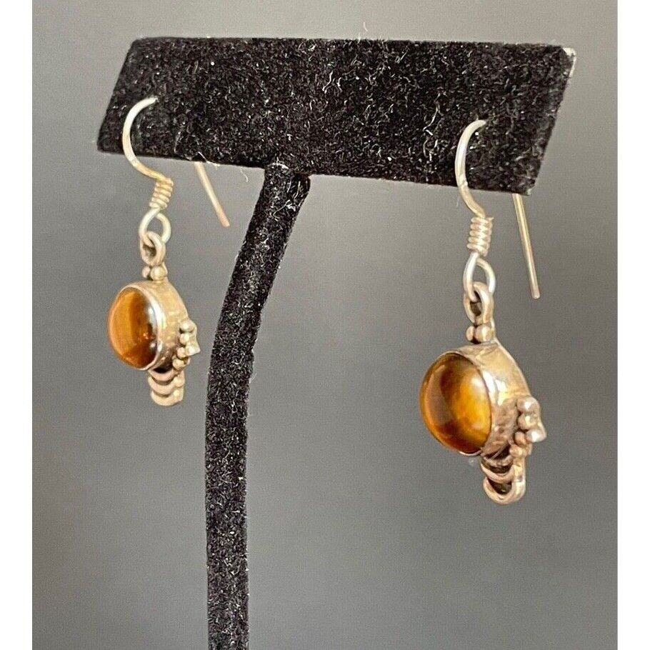 925 STERLING SILVER & TIGER'S EYE DANGLE EARRINGS SKY