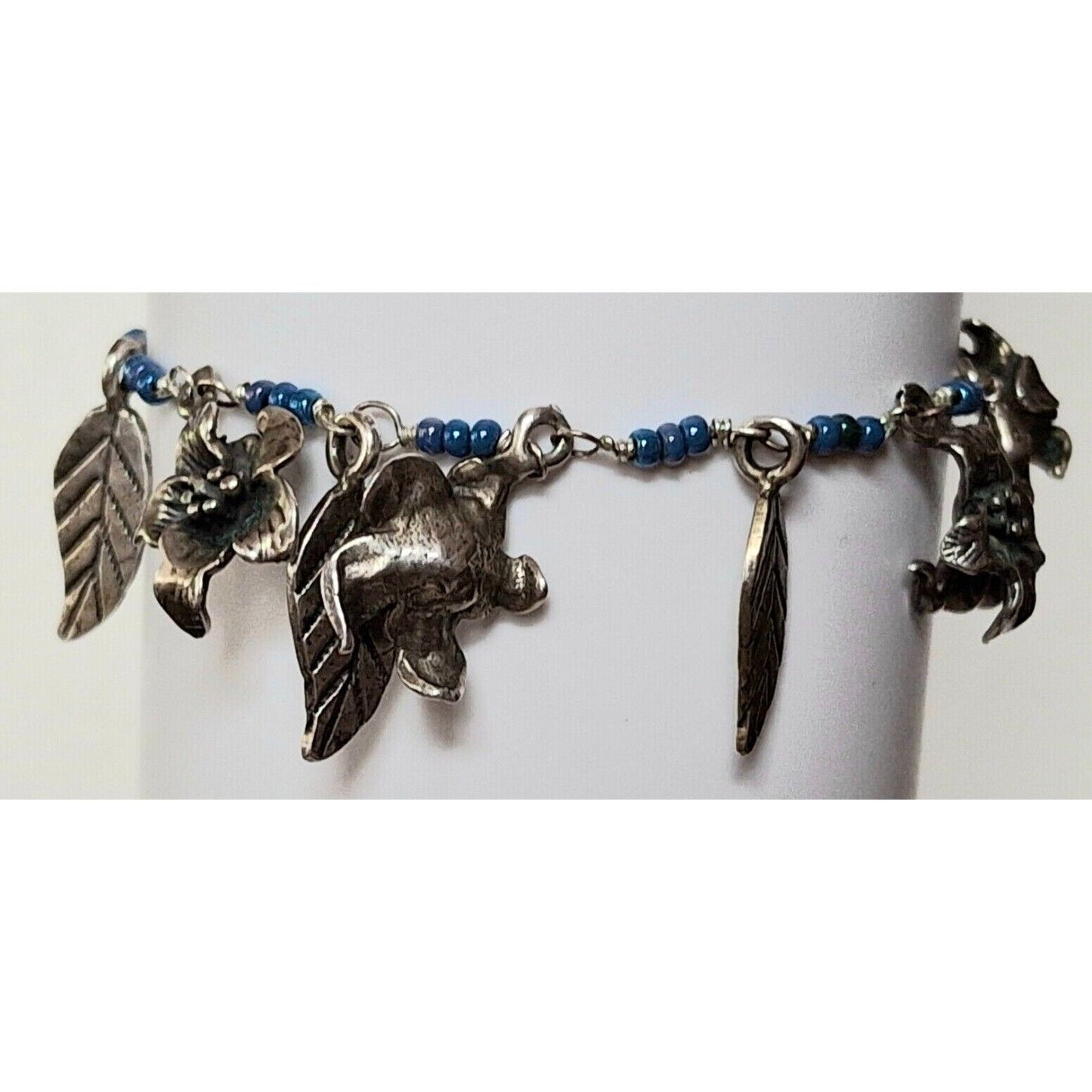 925 STERLING SILVER LEAVES,  FLOWERS  AND SNAKE BEADED CHARM BRACELET SKY