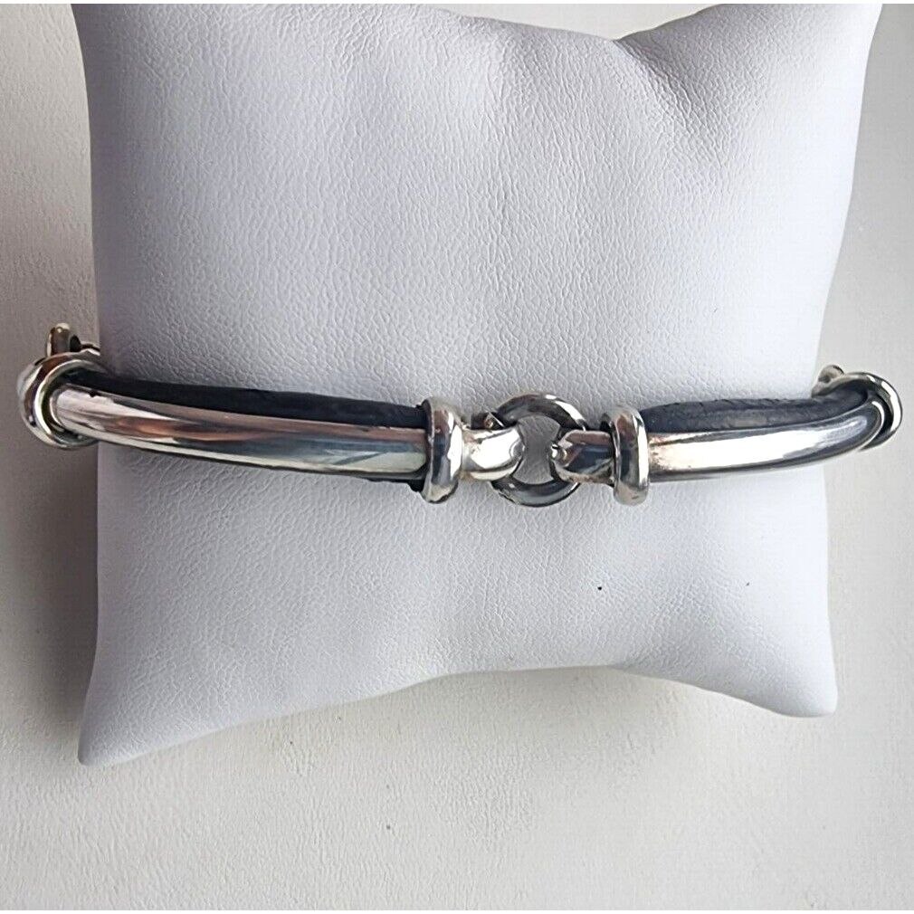 925 STERLING SILVER AND LEATHER LINK TOGGLE BRACELET  8.5 INCH AT