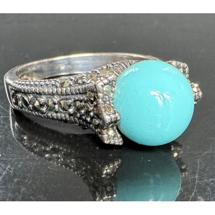 925 STERLING SILVER TURQUOISE AND MARCASITES RING  SIZE 6.75 SKY