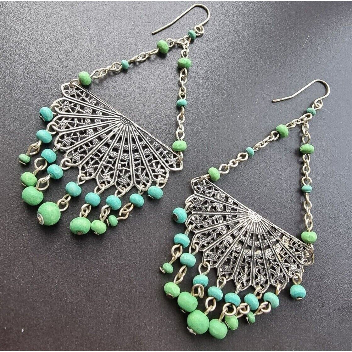 ETHNIC VINTAGE 925 STERLING SILVER WOOD  DROPS EARRINGS AT