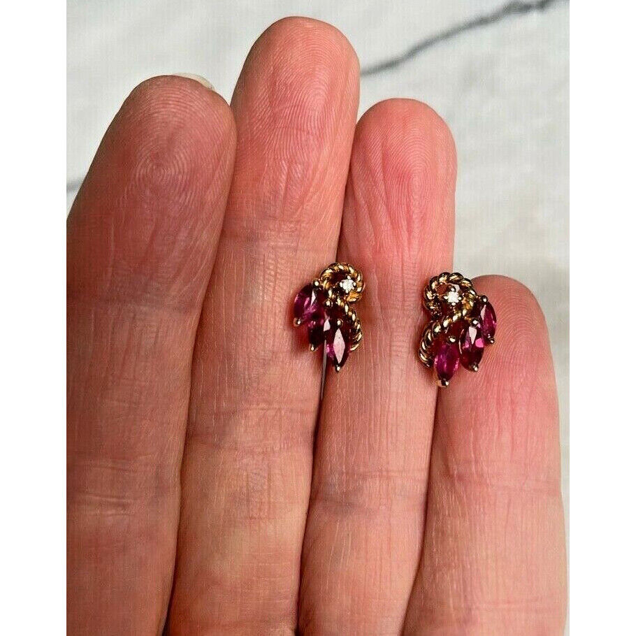 14K YELLOW GOLD PINK TOPAZ & DIAMOND STUD  EARRINGS SKY