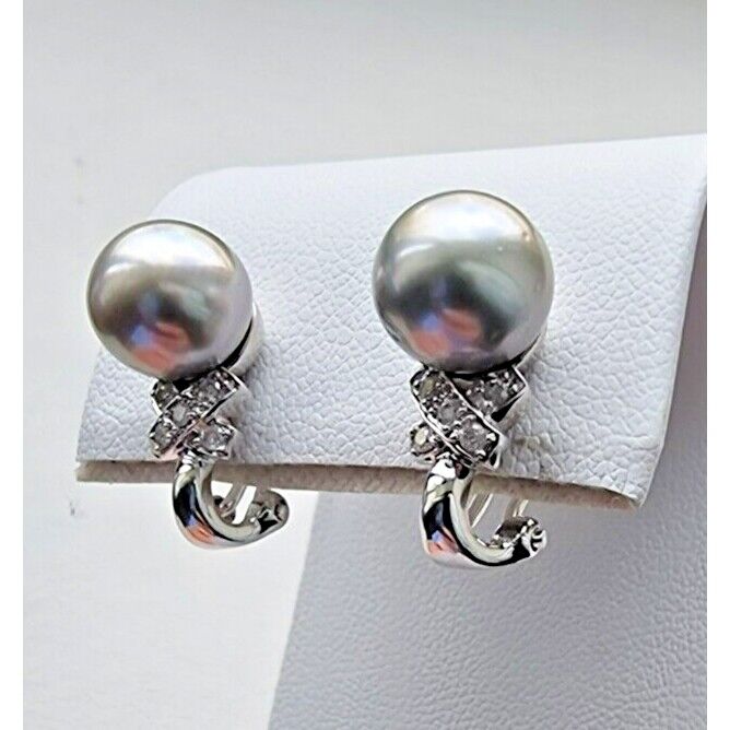 14K WHITE GOLD GREY  PEARL AND DIAMOND EARRINGS WITH OMEGA CLIP AT