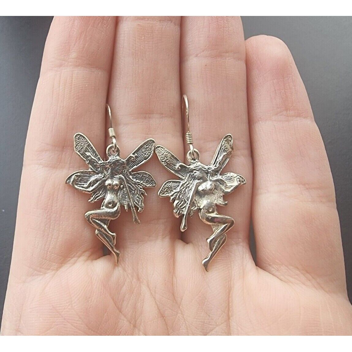 VINTAGE 925 STERLING SILVER FAIRY DANGLE EARRINGS AT