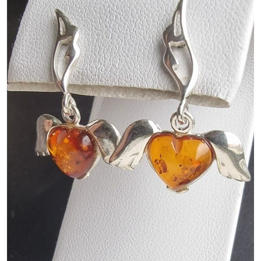 VINTAGE 925 STERLING SILVER HEART BALTIC AMBER, ANGEL WINGS DROP EARRINGS AT