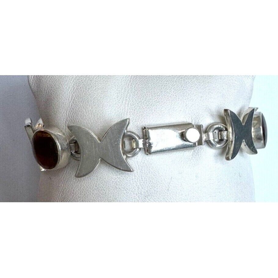 FINE QUALITY TAXCO 950 STERLING SILVER AND TIGER'S EYE BRACELET SKY