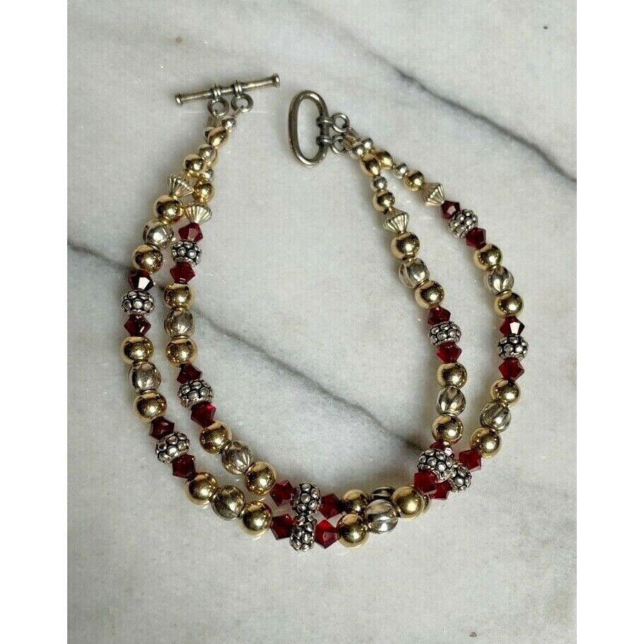 BEAUTIFUL 925 STERLING SILVER,GOLD & RED GEMS BEADED  BRACELET SKY