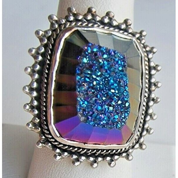 925 STERLING SILVER TITANIUM PLATED DRUZY QUARTZ SHINY RING SIZE 8 AT