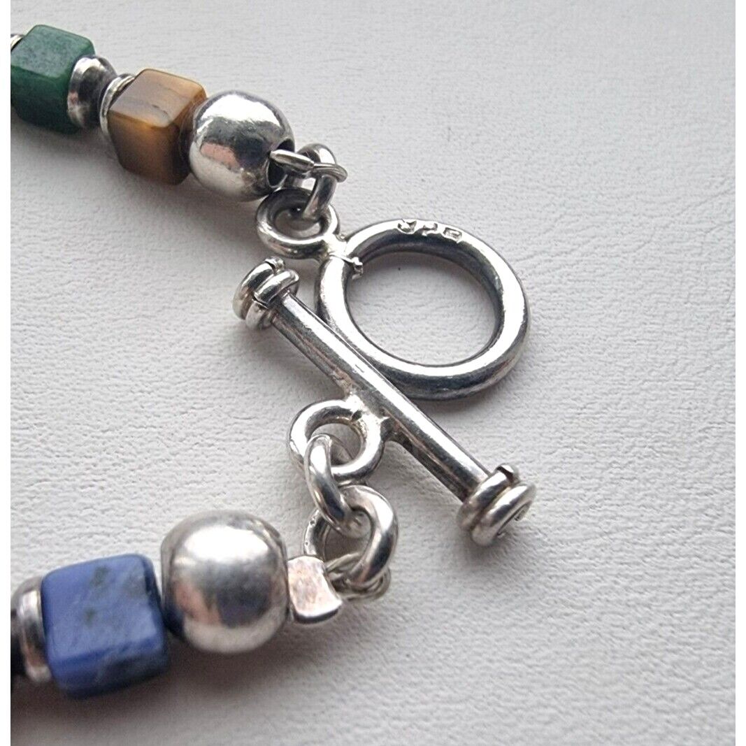 925 STERLING SILVER NATURAL MULTI GEMSTONE TOGGLE CLAPS CUBE BRACELET AT