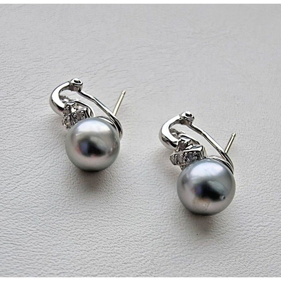 14K WHITE GOLD GREY  PEARL AND DIAMOND EARRINGS WITH OMEGA CLIP AT