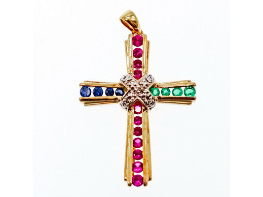 925 STERLING SILVER GOLD PLATED EMERALD, PINK & BLUE TOPAZ CROSS PENDANT