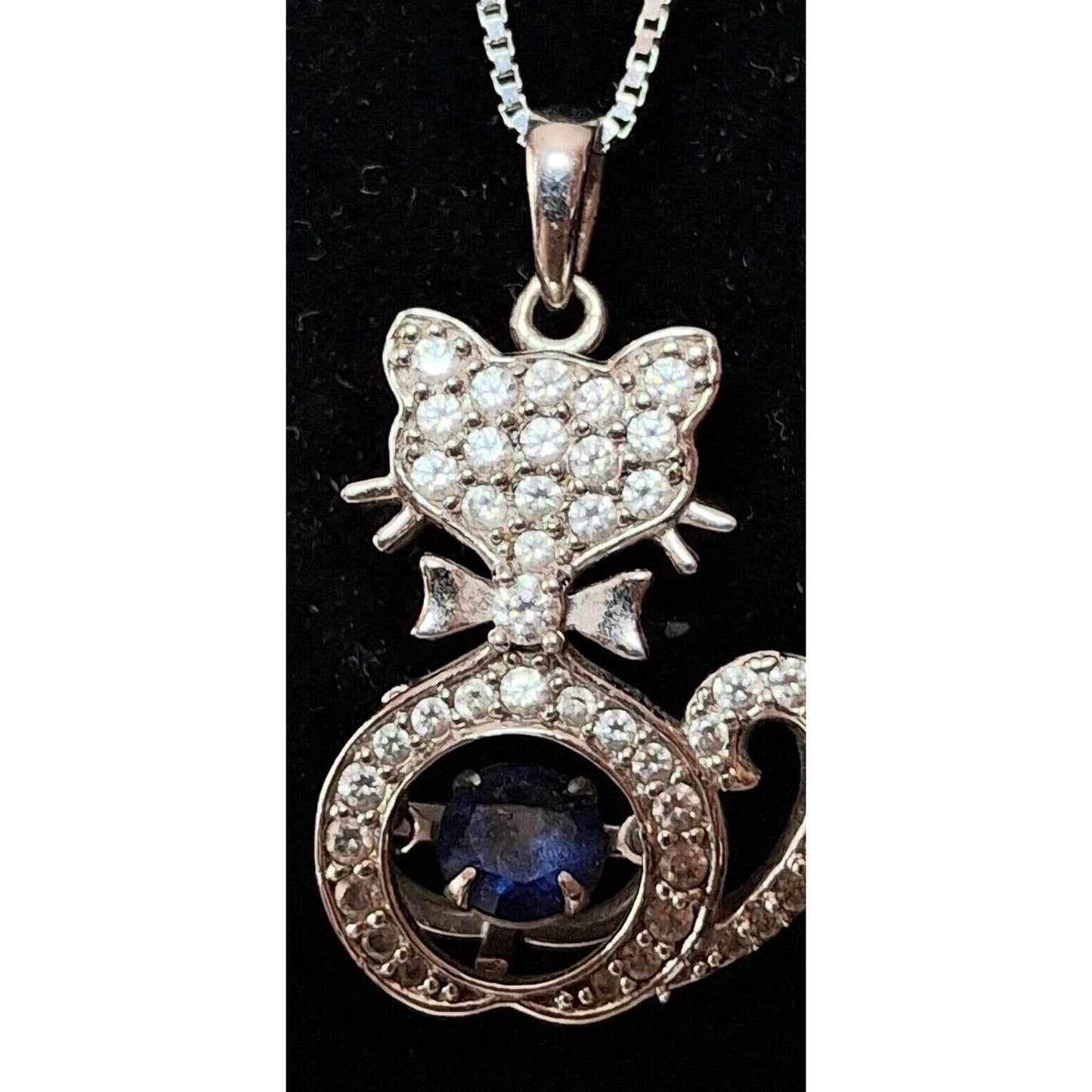 925 STERLING SILVER KINETIC ART TOPAZ  AND CLEAR GEMS CAT PENDANT  NECKLACE SKY