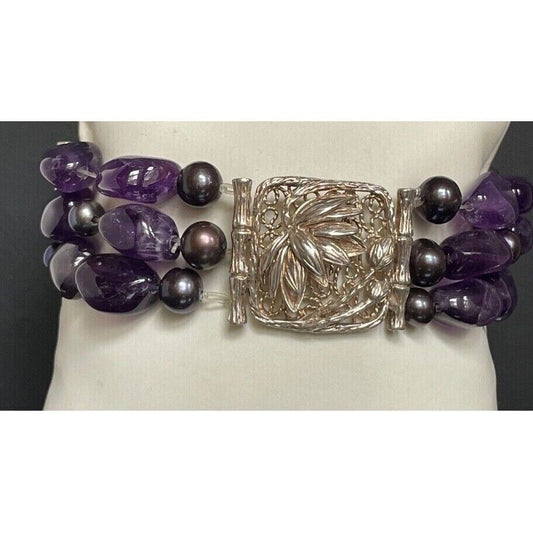 925 STERLING SILVER AMETHYST & BLACK PEARLS 3 STRANDS  BRACELET SKY