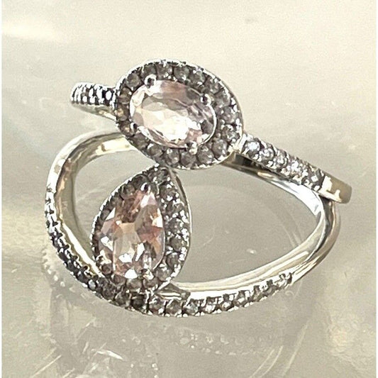 925 STERLING SILVER MORGANITE AND COLORLESS TOPAZ SOLIT SHANK RING SIZE 10 SKY