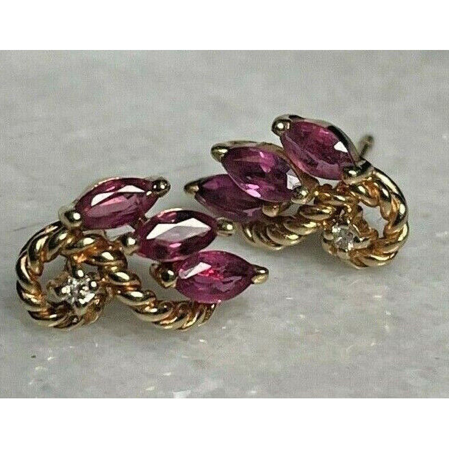 14K YELLOW GOLD PINK TOPAZ & DIAMOND STUD  EARRINGS SKY