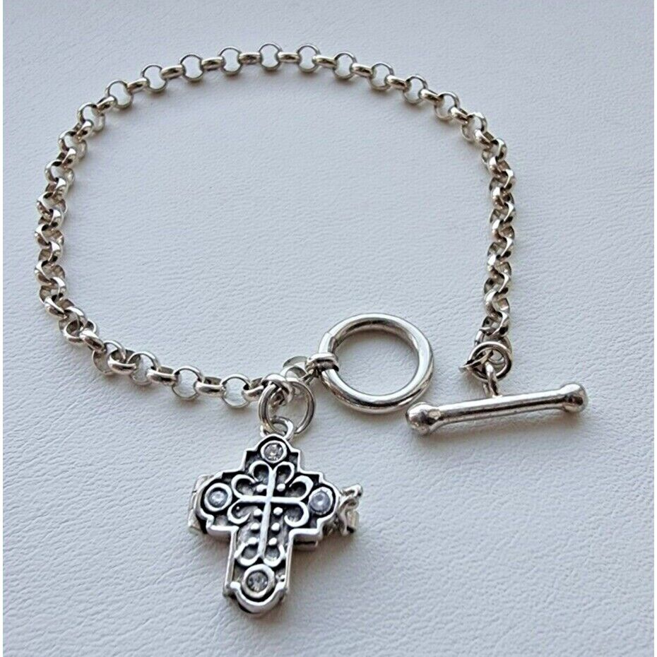 JBB 925 STERLING SILVER ITALY TOGGLE CLASP CHARM BRACELET CROSS  7,25 INCH AT