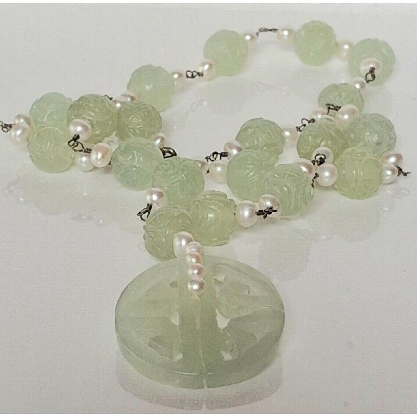 YUA-SAI 925 STERLING SILVER CURVED JADE  AND PEARLS  NECKLACE SKY