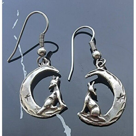 925 STERLING SILVER VINTAGE HOWLING WOLF HALF CRESCENT MOON EARRINGS AT