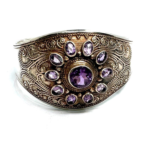 BEAUTIFUL 925 STERLING SILVER AND AMETHYST CUFF BRACELET SKY