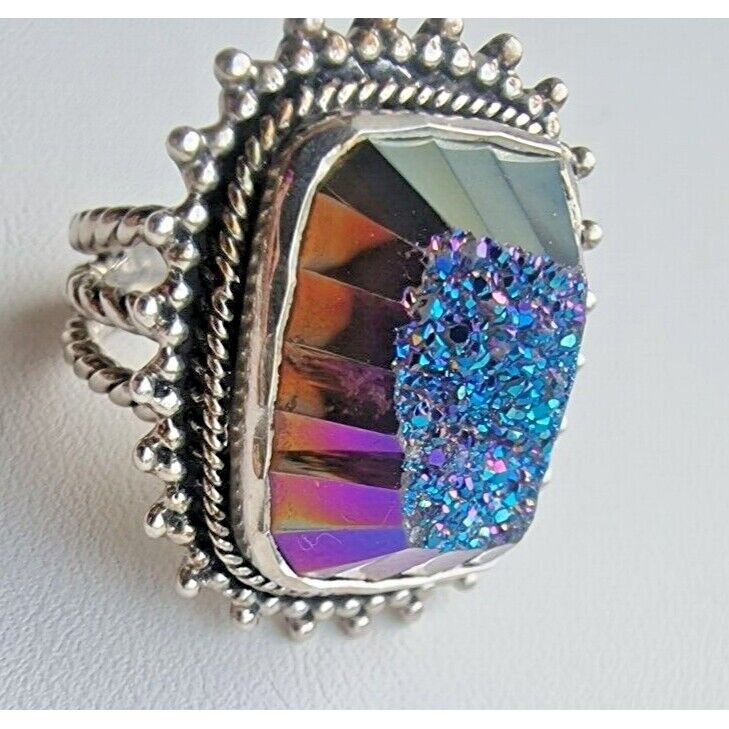 925 STERLING SILVER TITANIUM PLATED DRUZY QUARTZ SHINY RING SIZE 8 AT