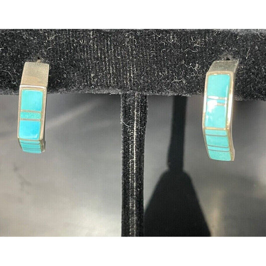 925 STERLING SILVER & TURQUOOSE SEMI HOOPS EARRINGS SKY