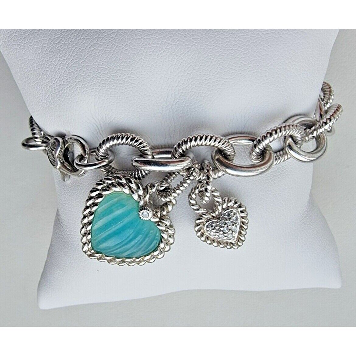 JUDITH RIPKA 925 STERLING SILVER CHALCEDONY HEART CHARMS BRACELET 7 INCH AT